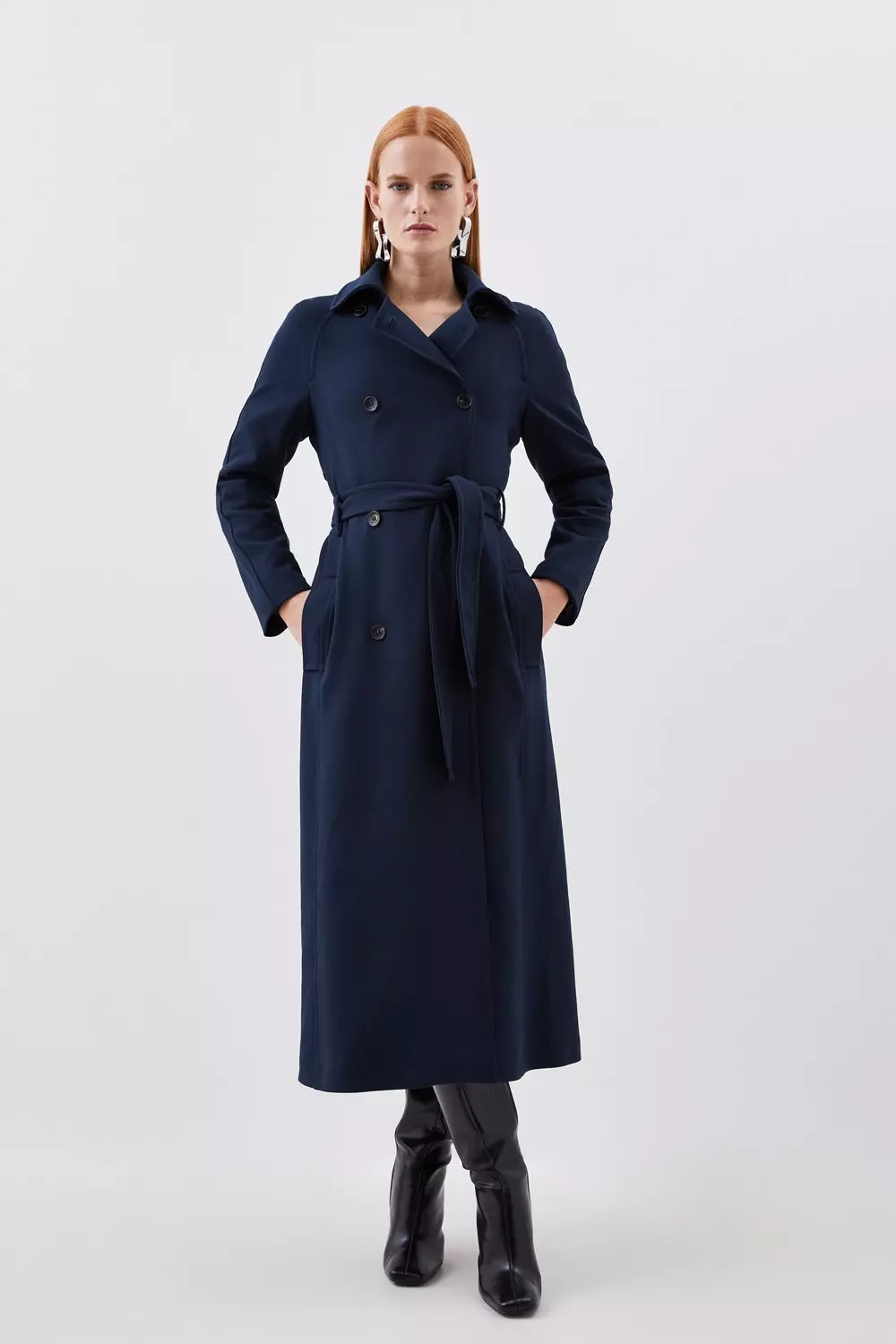 Womens navy belted outlet coat